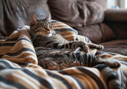 A photo of an obese grey tabby cat laying on its back belly, cute and happy expression, on the couch in their living room, striped blanket around them, wide shot, full body, generated with AI