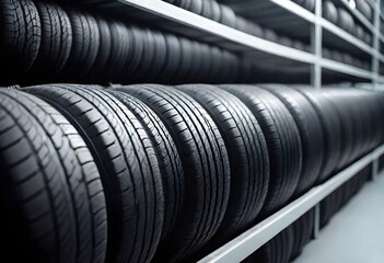 Rows of black car tires on a metal rack