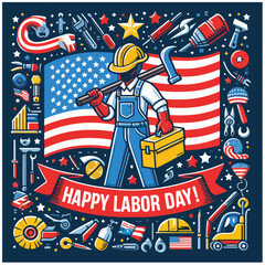 Labor Day. Set of vintage poster for celebration, vector illustration. Horizontal vector 'Labor Day' celebration banner with flags.