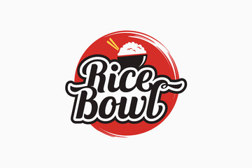 rice bowl logo with a combination of rice bowl dishes, chopsticks, and beautiful lettering for Asian or Japanese food businesses, restaurants, food trucks, cafes, etc.