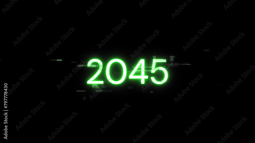 Poster 3d rendering 2045 text with screen effects of technological glitches