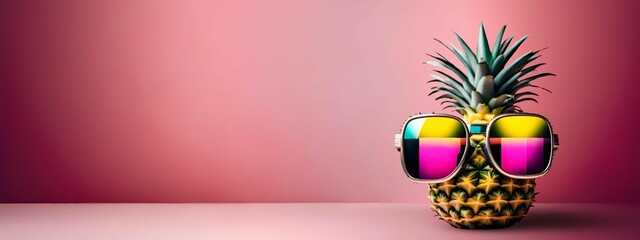a pineapple with sunglasses celebrating summer on a pink background, Tropical vibes