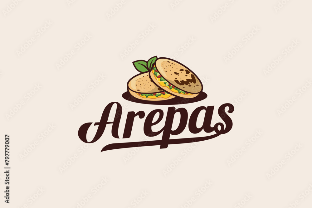 Wall mural arepas logo with a combination of arapas, leaves and beautiful lettering for Venezuelan or Colombian food businesses, restaurants, cafes, food trucks, etc.