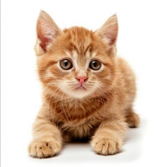 Fototapeta premium Adorable fluffy ginger kitten, lay down, isolated on white background, high definition, generated with AI