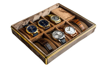 A watch box holds six exquisite timepieces in an elegant display