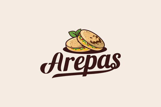 arepas logo with a combination of arapas, leaves and beautiful lettering for Venezuelan or Colombian food businesses, restaurants, cafes, food trucks, etc.