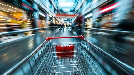 An evocative image of a shopping trolley in motion, navigating through a busy mall environment with blurred background, generated with AI