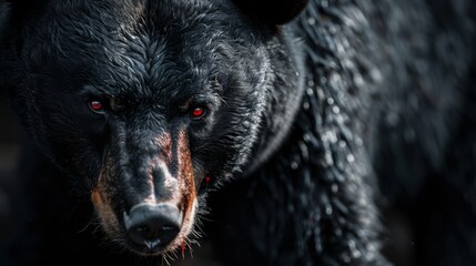 Black bear angry face with the red eyes, focus, black background background, generated with AI
