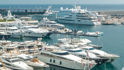 Mediterranean sea, boats and Monaco yacht club timelapse in Monte Carlo district, Monaco