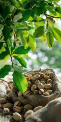 Cinematic, A portrait of pistachios spilling out of a burlap sack in a white background, surrounded by vibrant green leaves. Behind the pistachios, a scenic orchard or farm setting, generated with AI
