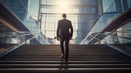 young businessman walking up the stairs in front of a modern office building. back view