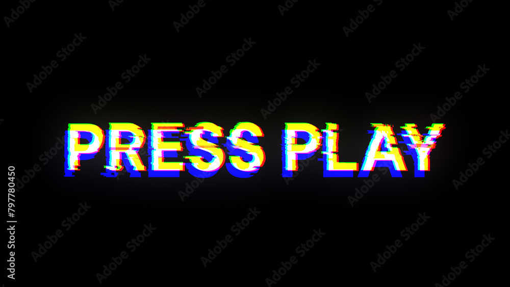 Poster 3d rendering press play text with screen effects of technological glitches