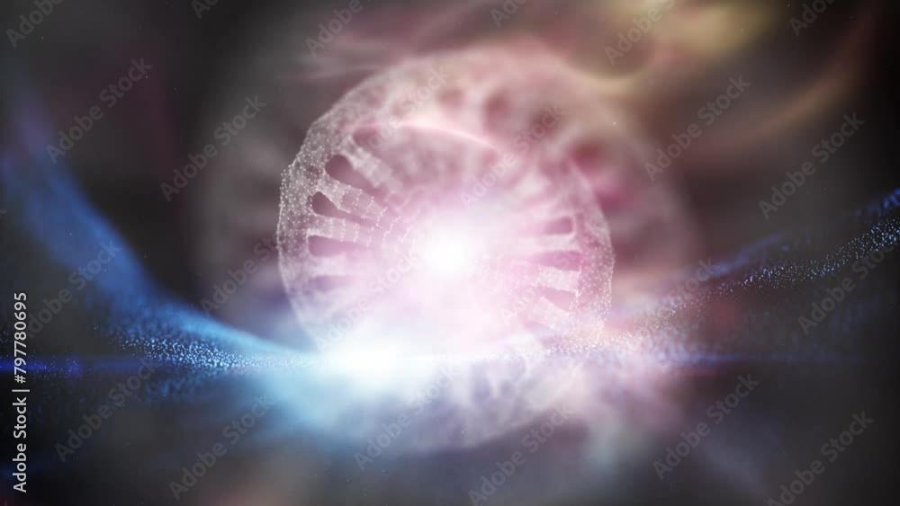 Poster futuristic space with glowing light and 3d dna chain rotation background.