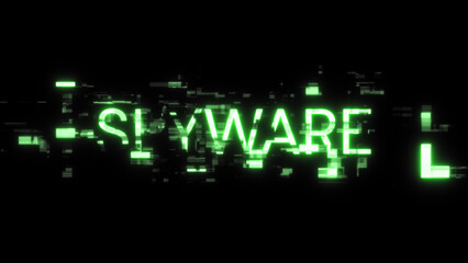 3D rendering spyware text with screen effects of technological glitches