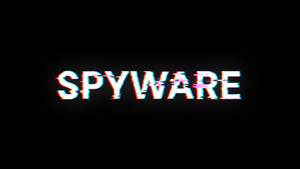 3D rendering spyware text with screen effects of technological glitches