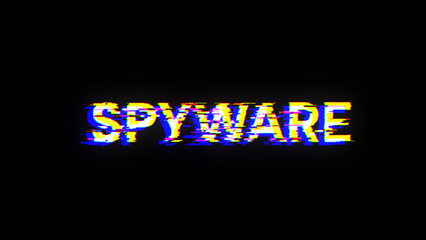 3D rendering spyware text with screen effects of technological glitches