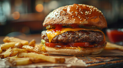 Cinematic food photography of tasty cheeseburger