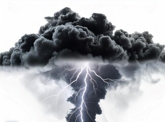 Black storm clouds with lightnings and smoke isolated on white background. 