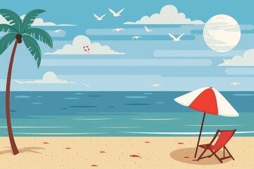 Flat design illustration of hot day in the beach, simple vector style, flat color, generated with AI