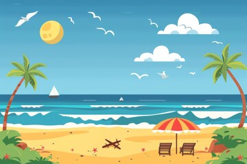 Fototapeta na wymiar Flat design illustration of hot day in the beach, simple vector style, flat color, generated with AI