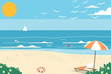 Flat design illustration of hot day in the beach, simple vector style, flat color, generated with AI