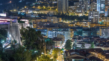 Panorama of Monte Carlo timelapse at night from the observation deck in the village of Monaco near Port Hercules.