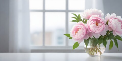 A bouquet of pink peonies in a vase on a windowsill with a blurred background