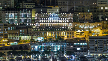 Monte Carlo timelapse at night from the observation deck in the village of Monaco with Port...