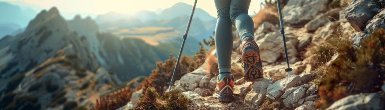 Hiker woman with trekking sticks climbs steep on mountain trail, focus on boot photography, generated with AI