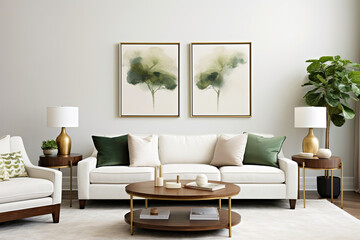White sofa and chair with green pillows against white wall with two posters, frames. Art deco classic interior design of modern living room, home.