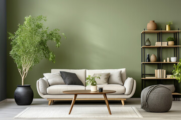 Sofa and knitted pouf against green wall and shelving unit. Scandinavian interior design of modern living room, home.