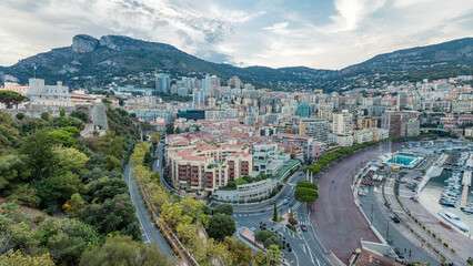 Panorama of Monte Carlo day to night timelapse from the observation deck in the village of Monaco...