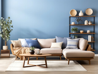 Beige corner sofa against blue wall and shelf. Scandinavian interior design of modern living room, home.