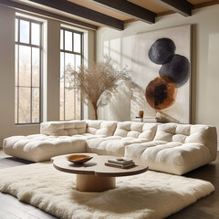 Wooden accent coffee table on fur rug near beige fabric tufted sofa. Minimalist interior design of modern living room, home.