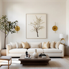 Beige sofa near white wall with poster frame. Art deco interior design of modern living room, home.