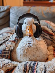 a duck wearing headphones on a blanket