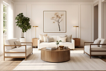 Round wooden coffee table between two armchairs near sofa against white classic paneling wall. Art deco interior design of modern living room, home.