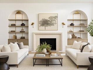 Two sofas near fireplace and arched shelves. Art deco interior design of modern living room, home.