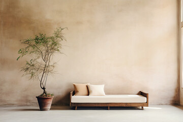 Old sofa and potted plant against beige stucco wall with copy space. Loft interior design of modern living room, home.