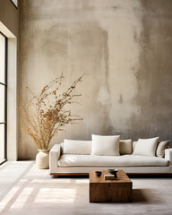 Sofa and pot with twigs against of grunge stucco wall with copy space. Loft interior design of modern living room, home.