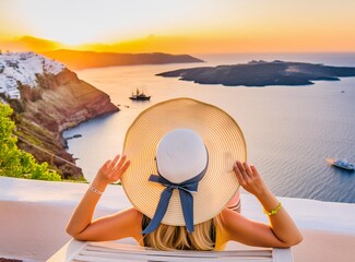 Travel vacation woman relaxing enjoying Santorini looking at famous view of Caldera. - obrazy, fototapety, plakaty