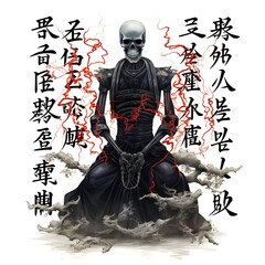 image of a black skeleton, skeletal structure and Japanese writing, in the style of mystical creatures and landscapes, medical themes, figura serpentinata, undefined anatomy, infrared, necronomicon il