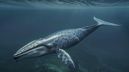 Obraz premium A majestic whale swimming gracefully underwater in the deep blue ocean, showcasing its sleek form and natural beauty.