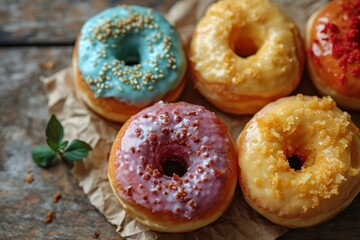 colorful donuts on a wooden background, sweet food close up. Donuts on a Background with Copy Space. 