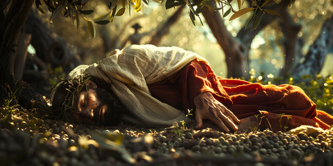  Jesus  lying under a tree in a forest, Peaceful Contemplation: Jesus Relaxing Amidst Nature's Canopy