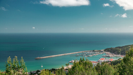 Aerial view on the coastal town of Sesimbra in Portugal timelapse