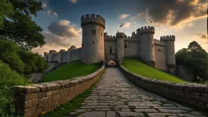 A majestic palace located on top of a hill, and connected to it by an ancient stone bridge that crosses a flowing river. The castle looks medieval, with its soaring towers and thick walls