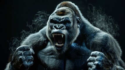 Fototapeta na wymiar Medium portrait of a large silverback gorilla pounding its chest while roaring, it is overly muscular and the background is solid black photorealistic 4k high-quality, generated with AI
