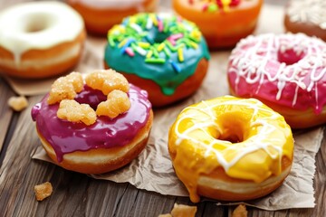 colorful donuts on a wooden background, sweet food close up. Donuts on a Background with Copy Space. 