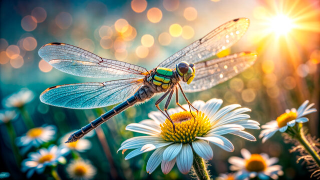 A dragonfly sits on a daisy